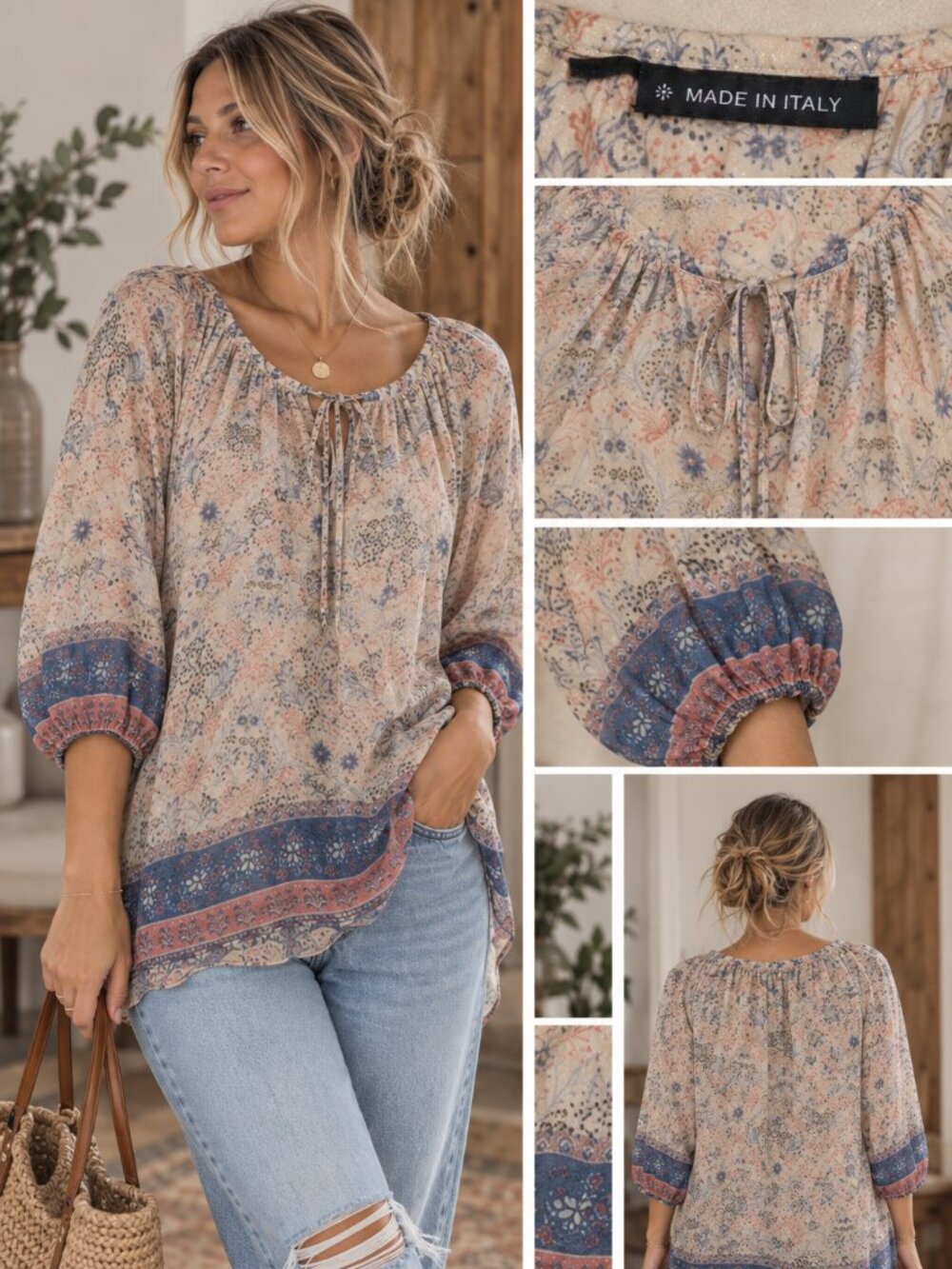 737 - Made in Italy Boho Floral Silk Blend Tunic Blouse